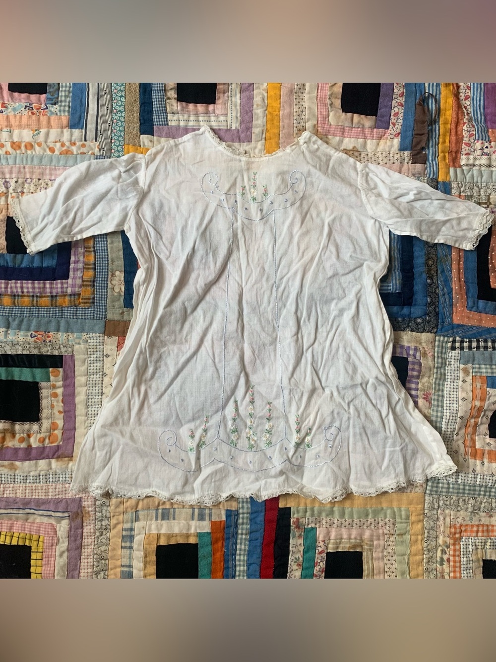 Antique 20s 1920s floral neoclassical embroidered white cotton baby nightgown